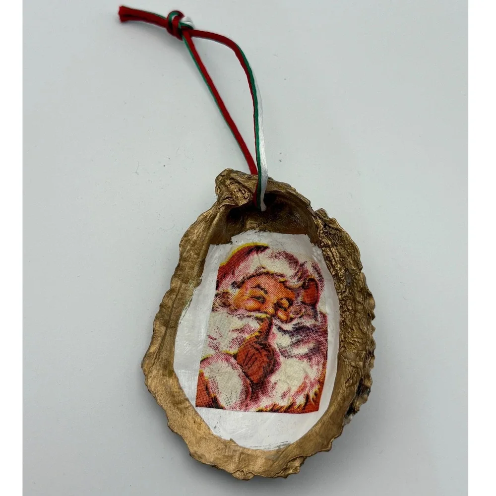 Handmade Vintage Santa Oyster Shell Christmas Ornament Gold Red White Coastal